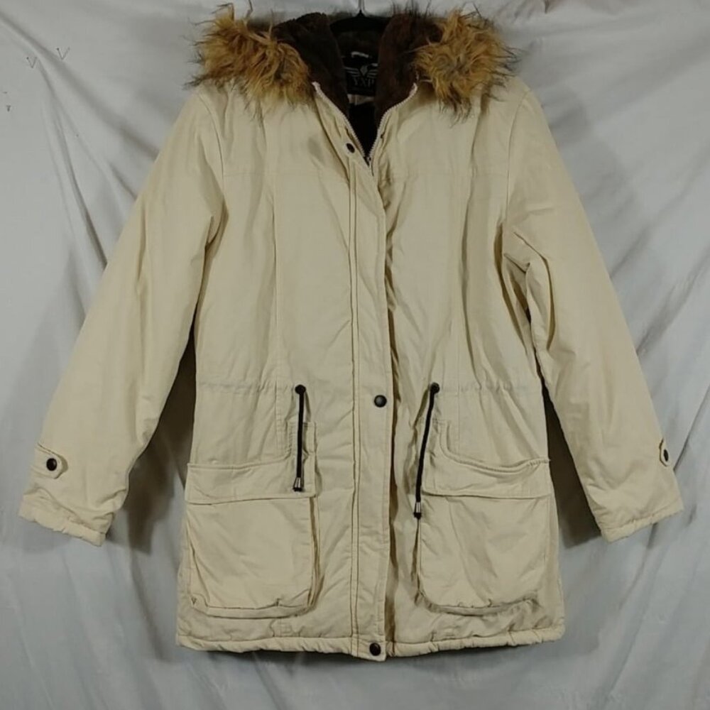 YXP Parka Women's Off White 100% Cotton Faux Fur Hooded Drawstring Waist Size L - Picture 1 of 8